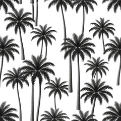 Black and white palm trees on a dark background, seamless pattern