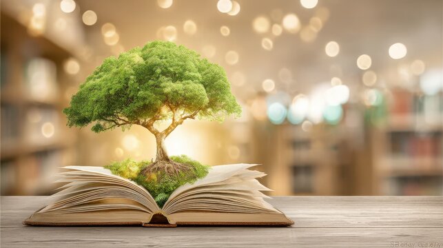 A lush green tree sprouting from the pages of an open book symbolizing the growth and potential of knowledge and learning set against a blurred background of shelves and lighting
