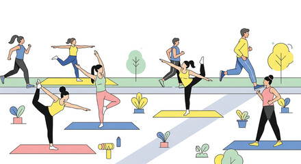 Diverse individuals enjoying various fitness activities outdoors in a vibrant park setting, promoting a healthy and active lifestyle with yoga, running, and stretching for overall well-being