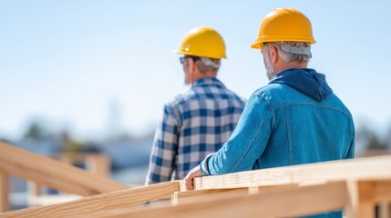 Two Construction Workers Wearing Hard Hats Overseeing Wooden Structure. house building, lumber construction, eco housing, real estate development, eco construction, timber engineering concept