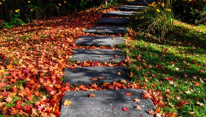 Stepping Stones Pathway Through Colorful Autumn Leaves