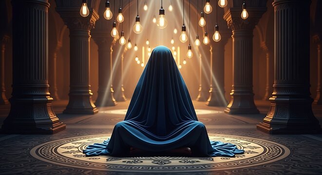 Mystical Scene of a Person Praying Under Candlelit Mosque Dome for Spiritual Reflection