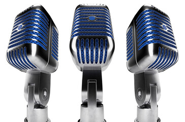 Classic Vintage Microphone Set with Blue Inside Mesh on a Transparent Background. Transparent PNG.