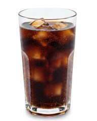 Refreshing beverage presented in a tall, clear glass filled with bubbly, dark-colored liquid and ice cubes, creating a cool, hydrating image on a bright white background.