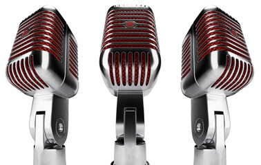 Classic Vintage Microphone Set with Red Inside Mesh on a Transparent Background. Transparent PNG.