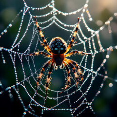 "Macro Close-Up of an Orb Weaver Spider with Orange and Black Striped Legs Resting in a Symmetrical Dew-Covered Web Against a Soft Green Natural Background"