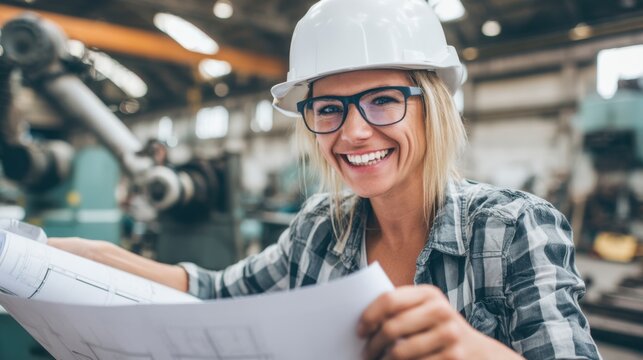 Engineer reviewing blueprints industrial workshop professional portrait busy environment close-up empowerment in engineering