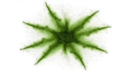 Vivid green powder bursts outward from a central point, creating a symmetrical starburst pattern against a clean white backdrop, showcasing a dynamic and energetic abstract composition that implies...