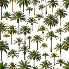 Tropical palm tree pattern with lush green fronds and tall trunks on black background