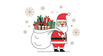 Festive cartoon illustration of a cheerful Santa Claus character holding a large sack filled with wrapped holiday gifts and presents