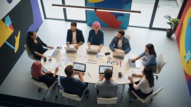 Diverse Team Collaborative Meeting Around Large Table with Digital Devices in Modern Office Space