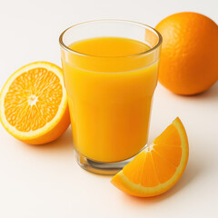 Fresh squeezed organic orange juice in glass with sliced oranges on white background representing healthy breakfast vitamin c nutrition and natural citrus beverage