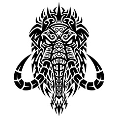 Tribal Black and White Mammoth Head Illustration – Fierce Symmetrical Tattoo Design