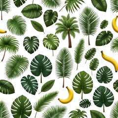 Fototapeta premium Tropical foliage pattern with bananas. Green leaves on black background