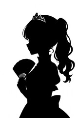 Silhouette of elegant woman wearing tiara and holding fan side profile vintage princess illustration in black and white