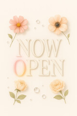 Elegant now open floral sign with pastel flowers roses and delicate typography soft minimal spring background for shop grand opening announcement