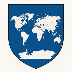 Blue and white world map inside shield emblem symbolizing global protection international unity geography and worldwide organization concept