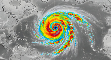 Intense superstorm viewed from space, an infrared satellite image showing the cyclonic rotation and powerful eye of a major hurricane