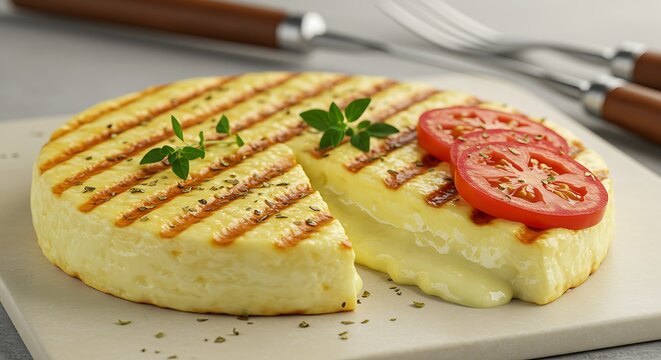 Argentinian provoleta isolated on a light ceramic board, grilled cheese disk decorated with oregano and tomato