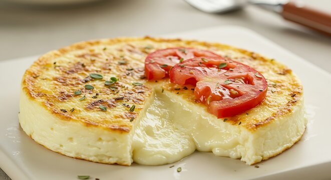 Argentinian provoleta isolated on a light ceramic board, grilled cheese disk decorated with oregano and tomato