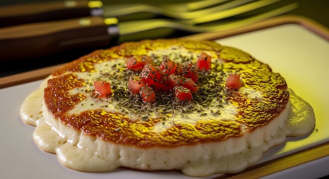 Argentinian provoleta isolated on a light ceramic board, grilled cheese disk decorated with oregano and tomato