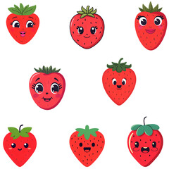 Cute funny strawberry fruit faces clip art; strawberry fruit isolated on transparent background 