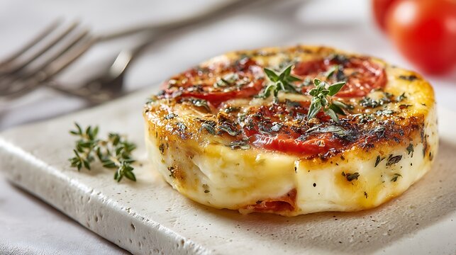Argentinian provoleta isolated on a light ceramic board, grilled cheese disk decorated with oregano and tomato