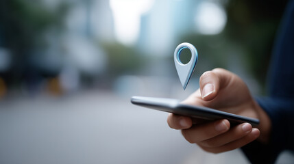Mobile phone in hand with 3D map pin above screen, concept of travel, delivery and digital technology mobile phone hand, 3D map pin, travel app, delivery service, geolocation techn