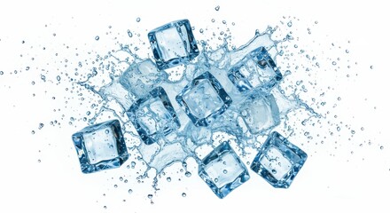 Water splashes outwards as several transparent ice cubes are seen in a refreshing arrangement, showcasing droplets and sparkling details against a clean, pristine white background, producing a sense