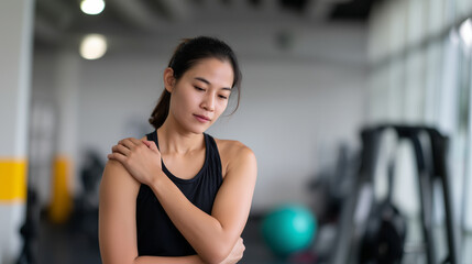 Fototapeta premium Fitness woman feeling muscle pain after training, concept of sports recovery and injury prevention fitness woman pain, muscle pain after training, sports recovery, injury preventio