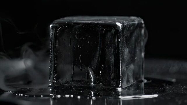 Dark reflective cube melting on black surface with rising vapor.