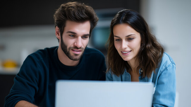 Young couple managing household budget on laptop, concept of online banking and financial planning young couple finances, household budget, online banking, laptop planning, money m - Powered by Adobe