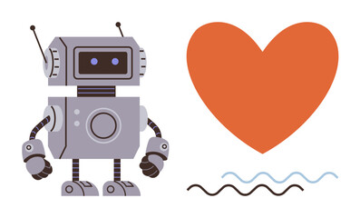 Robot with a retro design standing next to a red heart and decorative wavy lines. Ideal for technology, innovation, artificial intelligence, love, connection, humanity, teamwork, simple flat metaphor