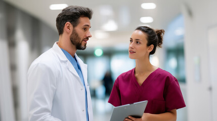 Fototapeta premium Doctor consulting nurse in corridor of modern hospital, teamwork and patient care concept doctor consulting nurse, modern hospital corridor, teamwork in medicine, patient care disc