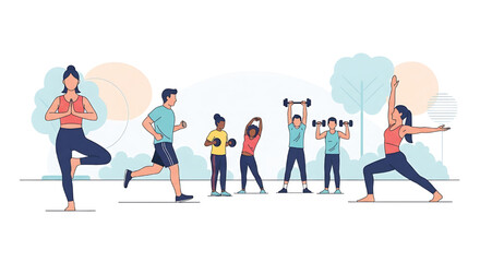 Obraz premium Engaging illustration of a diverse group of people performing various outdoor fitness activities like yoga, running, and strength training, promoting an active, healthy lifestyle