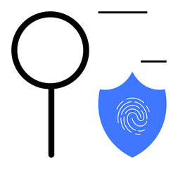 Magnifying glass near shield featuring fingerprint highlights investigation, protection, and digital security. Ideal for technology, cybersecurity, authentication, privacy, investigation, research