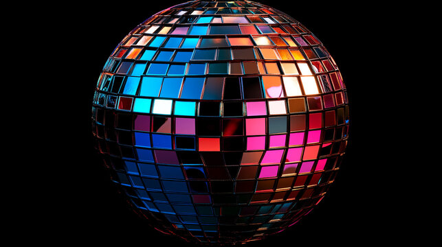Dazzling disco ball reflecting vibrant colors against a dark backdrop, perfect for party posters, event promotions, and creating a fun, festive atmosphere