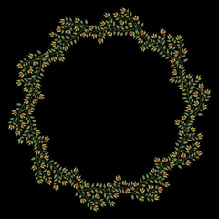Circular border with floral motifs. Round frame with blooming branches. Folk style.