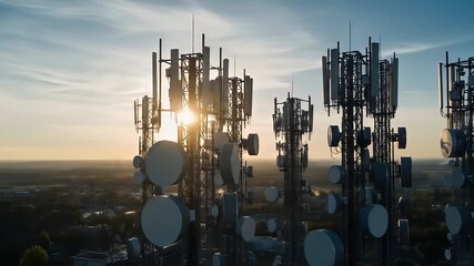 Cellular Communication Towers Silhouetted Against Sunset Sky Displaying Wireless Technology Infrastructure - Powered by Adobe