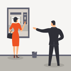 Lady in red receives cash at ATM in bank. Bank guard helps customer withdraw money from ATM. Vector illustration