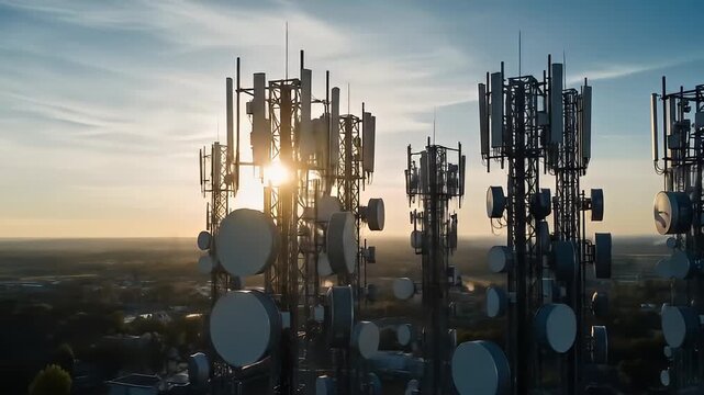 Cellular Communication Towers Silhouetted Against Sunset Sky Displaying Wireless Technology Infrastructure