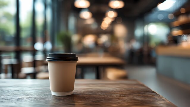 A blurry background cafe scene focusing on a disposable coffee cup and a wooden table setting. - Powered by Adobe