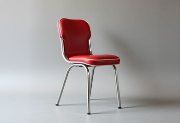 Obraz premium Red chair with metal legs standing alone on a gray floor against a plain wall viewed from the side