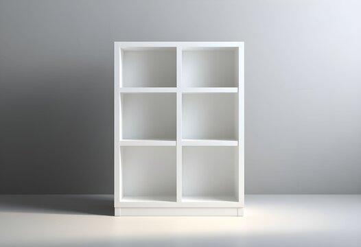 A white empty bookshelf stands alone in a modern minimalist room with a plain gray wall and floor.