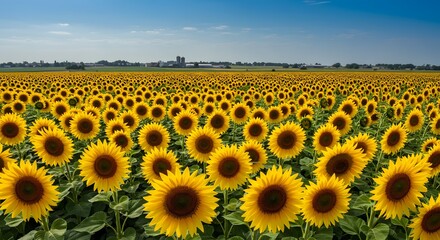Obraz premium Vibrant Sunflower Field Landscape Under Blue Sky