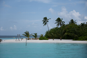 Maldives tropical resort island with swing and palm trees on white sandy beach
