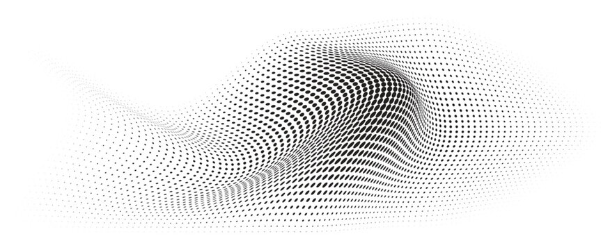 Flowing Wave Dot Halftone Pattern: Curve Gradient Shape on Transparent Background. Suitable for AI, Tech, Network, Digital, Science, and Technology Themes.