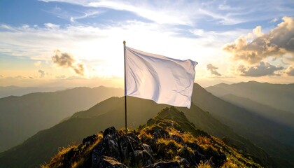 White Flag Waving on Mountain Peak at Sunset Landscape View