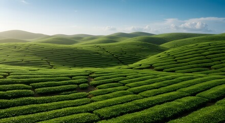 Lush Green Tea Plantation Landscape on Rolling Hills Under Blue Sky