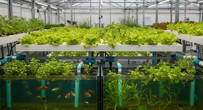 Aquaponics System with Lettuce and Fish in Greenhouse